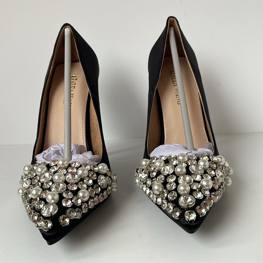 Azalea Wang Women’s Black Satin Embellished Stiletto Heels Pointed Toe Size 7.5 - Picture 4 of 10